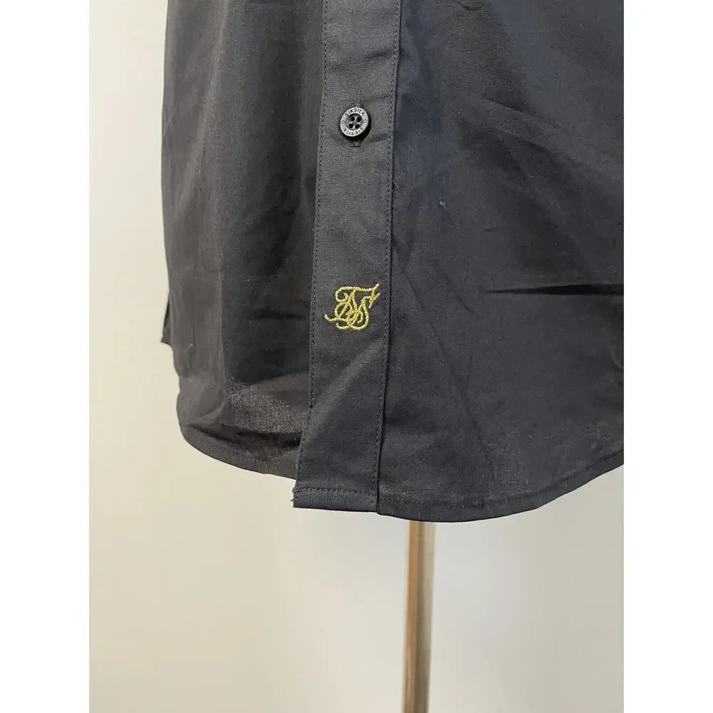 Sik Silk Mens Shirt Small Button Up Embroidered Black Short Sleeve Siksilk N18